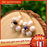 Freshwater Pearl Flower Pendant Earrings - Lapis Lazuli Wedding Jewelry