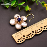 Freshwater Pearl Flower Pendant Earrings - Lapis Lazuli Wedding Jewelry