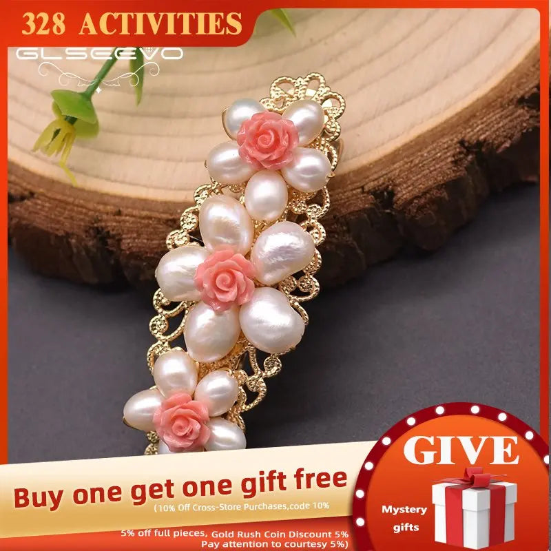 Freshwater Pearl HairPin Head Girl Women Party Coral Powder Embossing