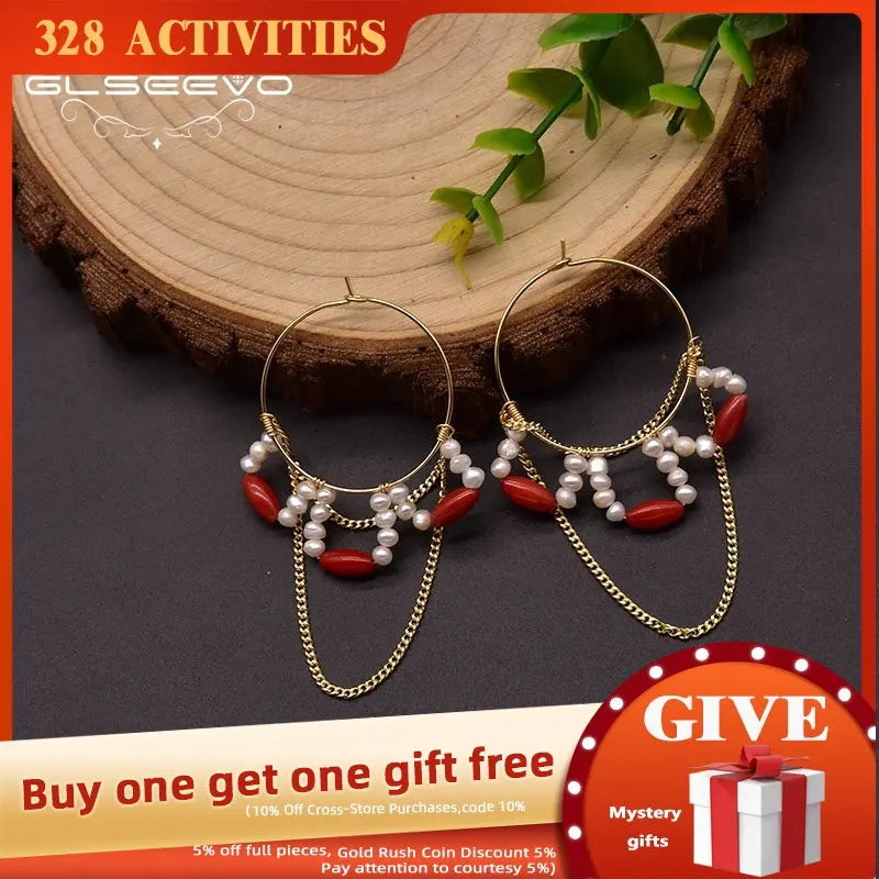 Freshwater Pearl Hoop Earrings Coral Chain GE1010B