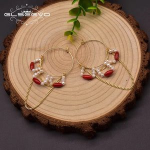 Freshwater Pearl Hoop Earrings Coral Chain GE1010B