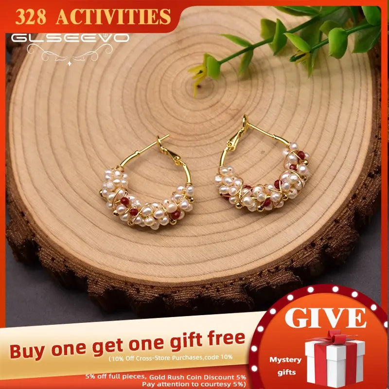 Freshwater Pearl Hoop Earrings Wedding Red Glass GE1015