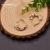 Freshwater Pearl Hoop Earrings Wedding Red Glass GE1015