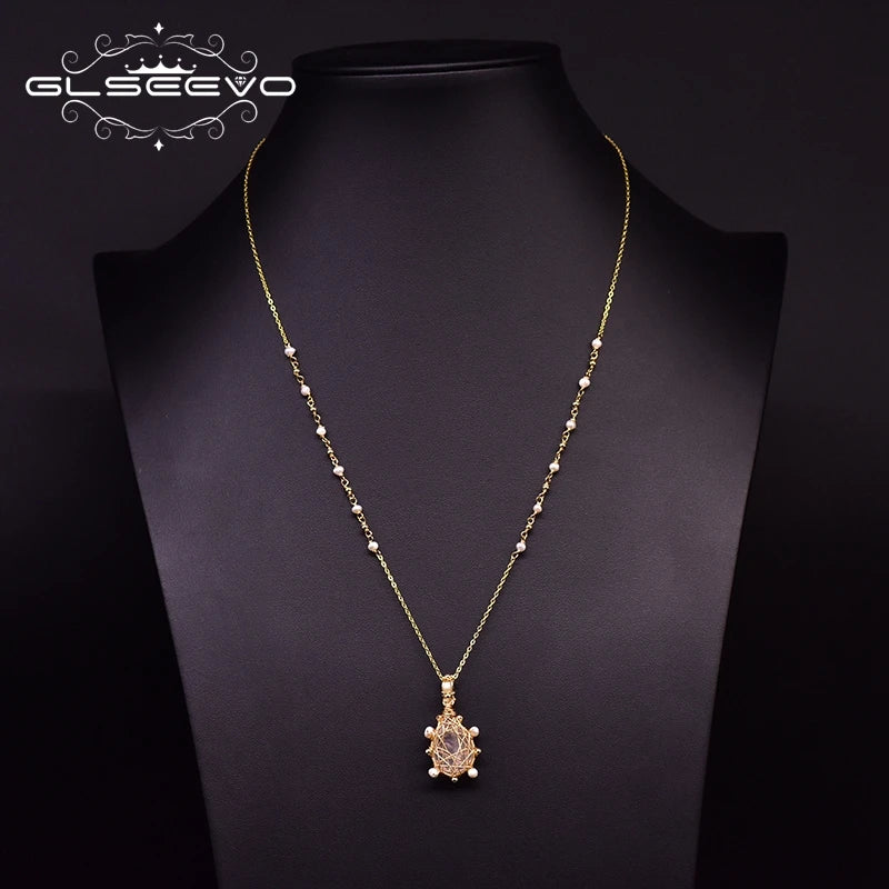 Freshwater Pearl Necklace 925 Silver Pink Crystal Chain GN0187