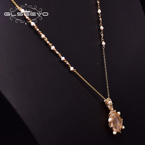 Freshwater Pearl Necklace 925 Silver Pink Crystal Chain GN0187