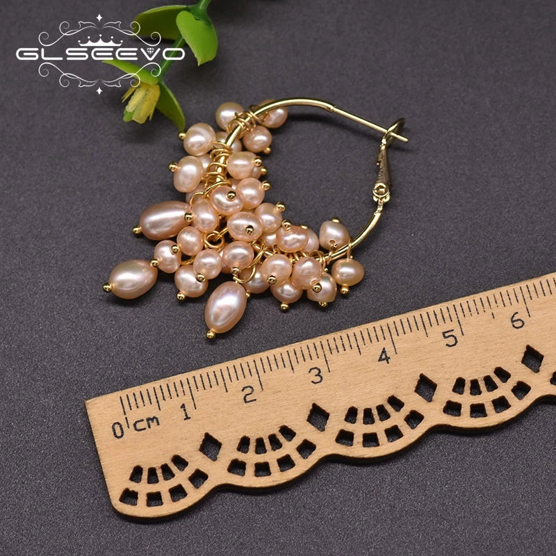 Pink Hoop Earrings Freshwater Pearl Round Jewelry GE0993B