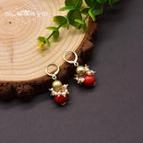 Natural Freshwater Pearl Small Earrings Red Cinnabar Beads GE1023
