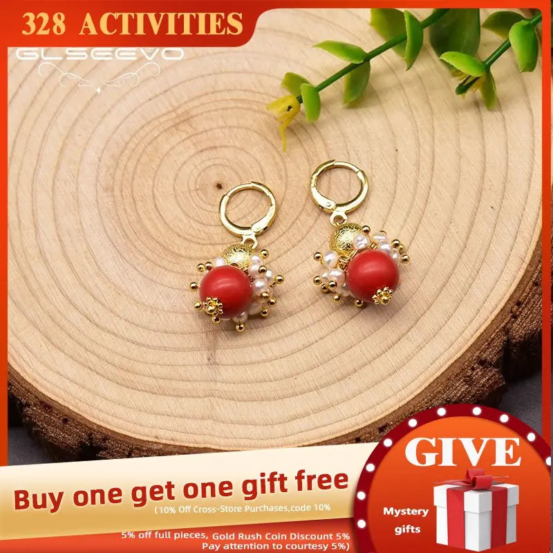 Natural Freshwater Pearl Small Earrings Red Cinnabar Beads GE1023