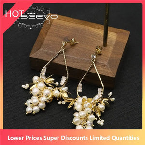 Golden Shining Drop Earrings Freshwater Pearl Strings