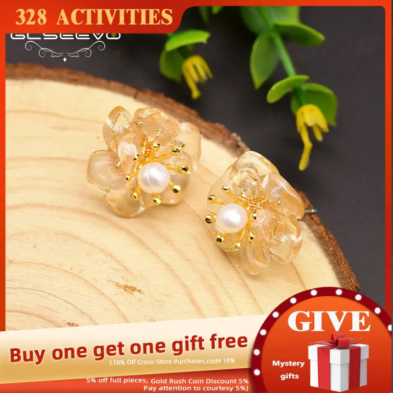 925 Silver Freshwater Pearl Stud Earrings Flower Citrine GE0780A