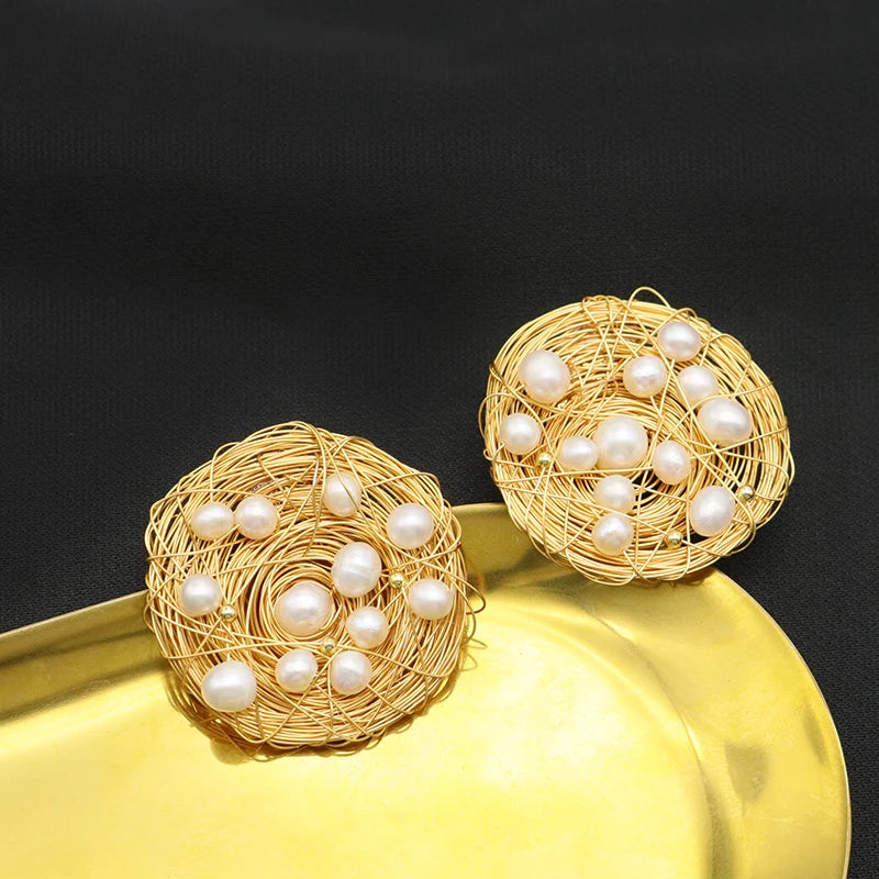 Freshwater Pearl Circular Stud Earrings Exaggerated Style