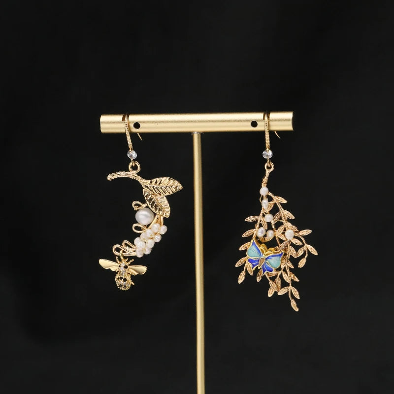 Freshwater Pearls Cloisonne Asymmetry Earrings GE1285