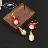 Freshwater Pearls Red Coral Dangle Earrings Women's Jewelry