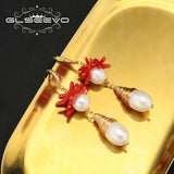 Freshwater Pearls Red Coral Dangle Earrings Women's Jewelry