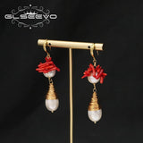 Freshwater Pearls Red Coral Dangle Earrings Women's Jewelry