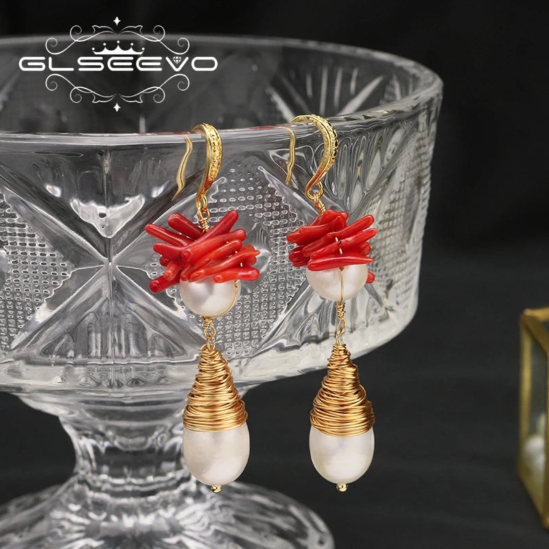 Freshwater Pearls Red Coral Dangle Earrings Women's Jewelry