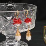 Freshwater Pearls Red Coral Dangle Earrings Women's Jewelry
