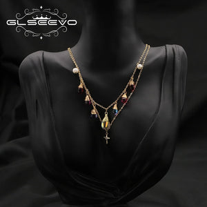 Freshwater Pearls Colorful Crystals Double Chain Necklace