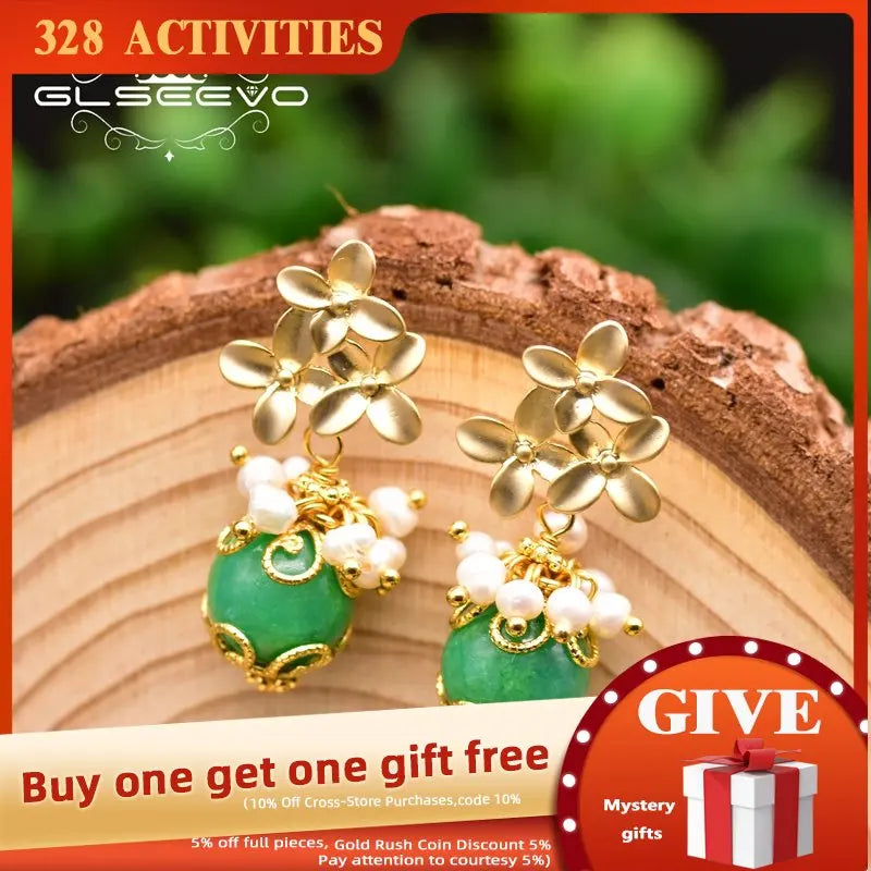 Green Jade Drop Silver Earrings Fresh Water Pearl Jewelry GE0931A