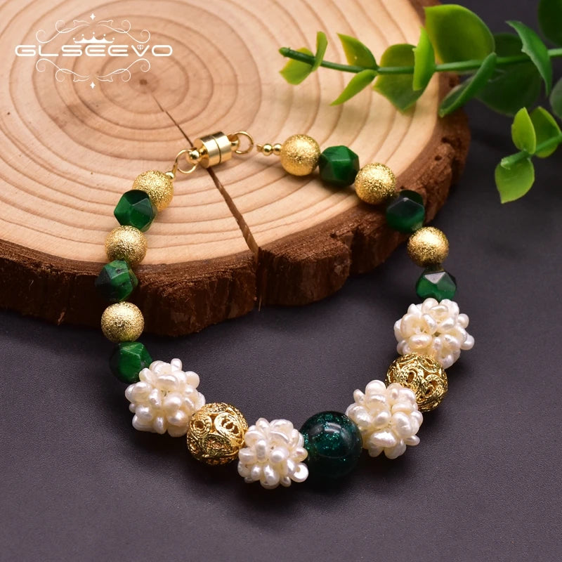 Green Stone Pearl Bracelet Ethnic Jewelry Gift for Mom GB0927A