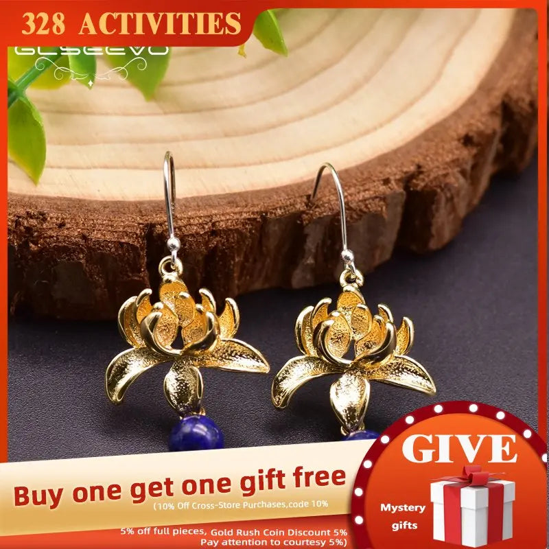 Lapis Lazuli Flower 925 Silver Drop Earrings Wedding Party Gift