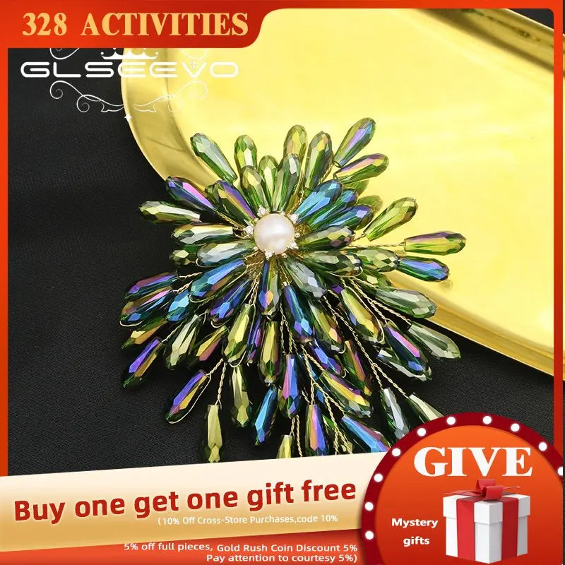 Natural Pearl Crystal 18k Brooch Women Jewelry Anniversary GO0405