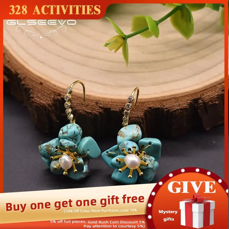 Flower Shape Pearl Earrings Turquoise Jewelry GE1000