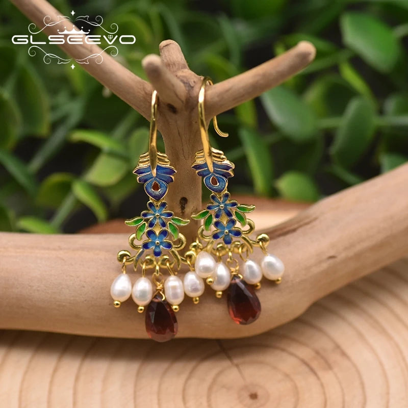 Vintage Natural Pearl Garnet Cloisonne Drop Earrings GE0970