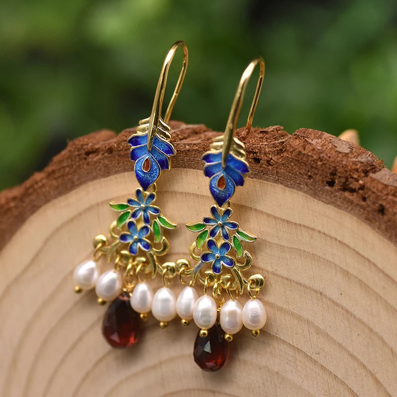 Vintage Natural Pearl Garnet Cloisonne Drop Earrings GE0970