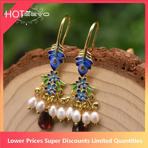 Vintage Natural Pearl Garnet Cloisonne Drop Earrings GE0970