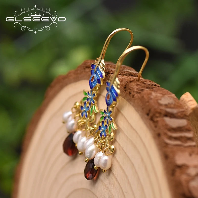 Vintage Natural Pearl Garnet Cloisonne Drop Earrings GE0970