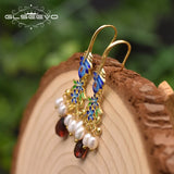 Vintage Natural Pearl Garnet Cloisonne Drop Earrings GE0970