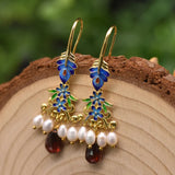 Vintage Natural Pearl Garnet Cloisonne Drop Earrings GE0970