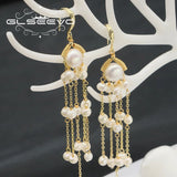 Natural Pearl Tassel Pendant Earrings 18k Electroplated