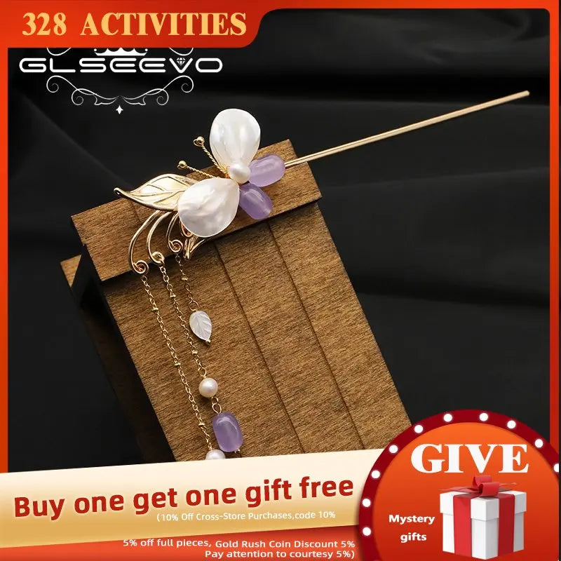 Natural Pearls Amethyst Butterfly Set Hairpin Romantic Wedding Jewelry