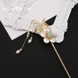 Green Natural Stone Hairpins with Pearls, Floral Design