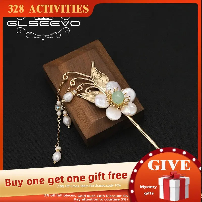 Green Natural Stone Hairpins with Pearls, Floral Design
