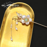 Green Natural Stone Hairpins with Pearls, Floral Design
