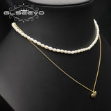 Natural Pearls Love Heart Shape Necklace Double Chain Punk Woman Accessories