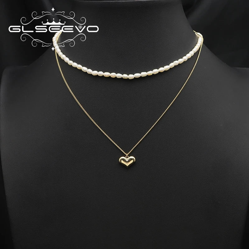 Natural Pearls Love Heart Shape Necklace Double Chain Punk Woman Accessories