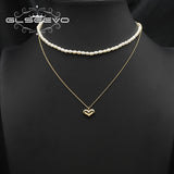 Natural Pearls Love Heart Shape Necklace Double Chain Punk Woman Accessories
