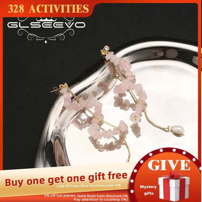 Natural Pearls Pink Crystal Long Chain Drop Earrings Women Retro Jewelry