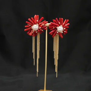Natural Pearls Red Coral Fringed Earrings Women's Earrings Long Chain Earring