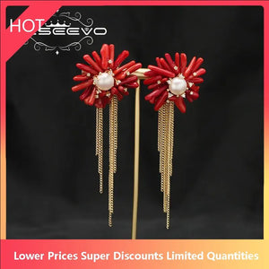 Natural Pearls Red Coral Fringed Earrings Women's Earrings Long Chain Earring