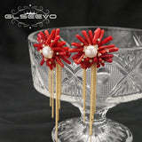 Natural Pearls Red Coral Fringed Earrings Women's Earrings Long Chain Earring