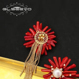 Natural Pearls Red Coral Fringed Earrings Women's Earrings Long Chain Earring