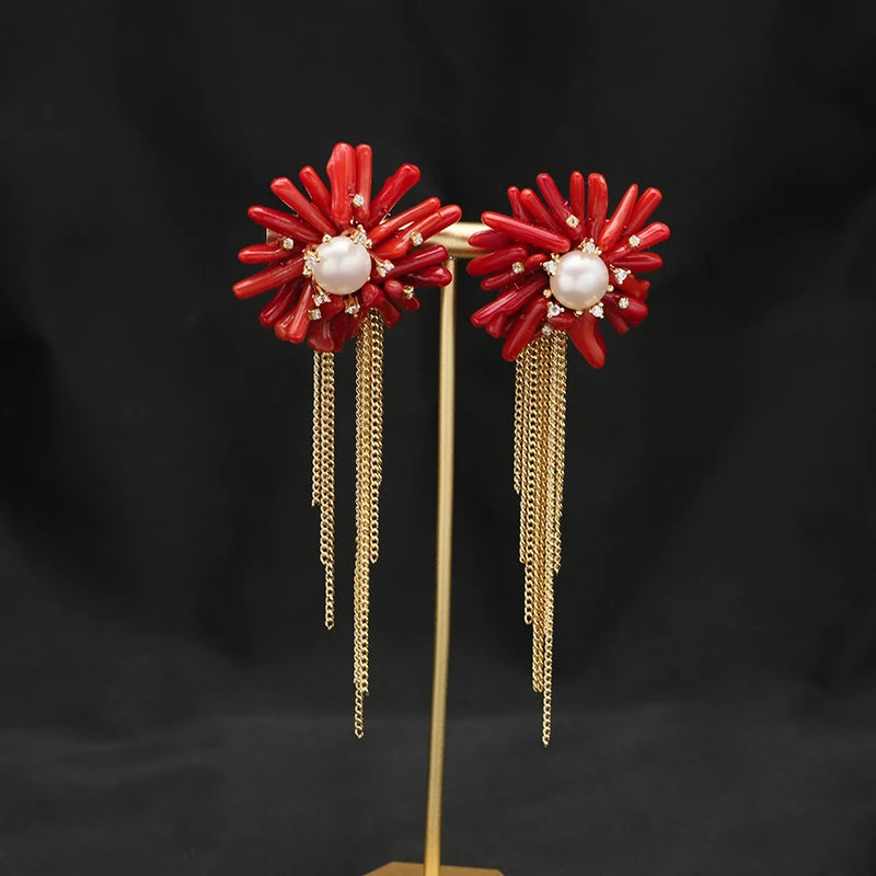 Natural Pearls Red Coral Fringed Earrings Women's Earrings Long Chain Earring