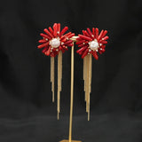 Natural Pearls Red Coral Fringed Earrings Women's Earrings Long Chain Earring