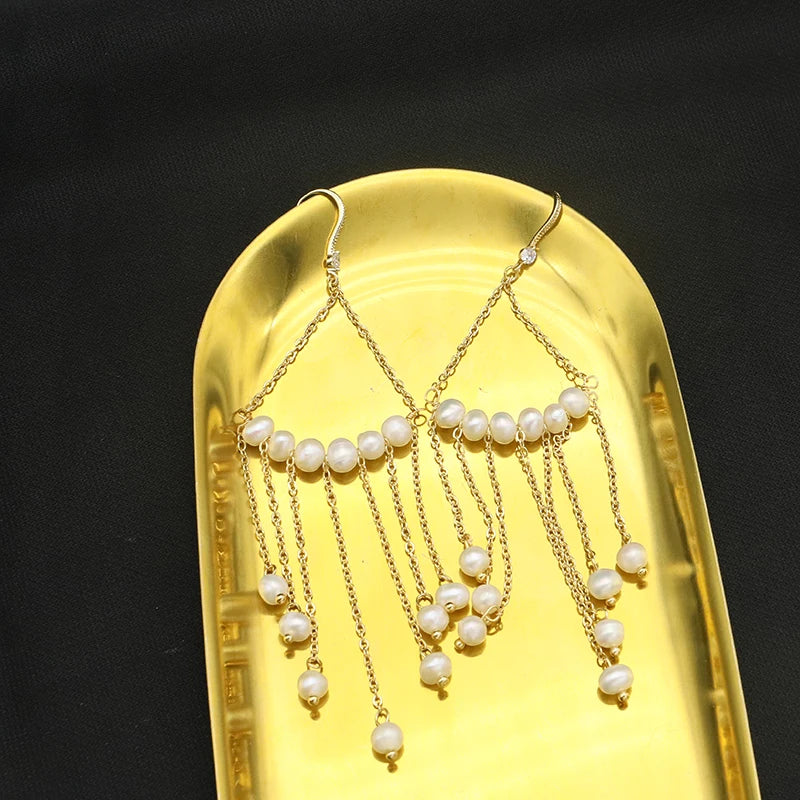 Natural Pearls Tassel Long Drop Earrings French Elegance Wedding Jewelry