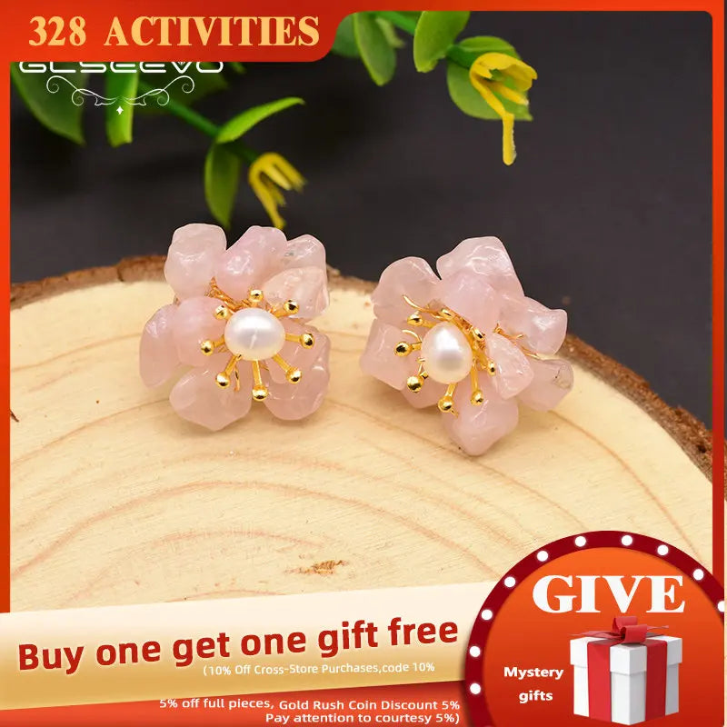 Natural Pink Crystal Pearl Stud Earrings 925 Sterling Silver Flower Earrings